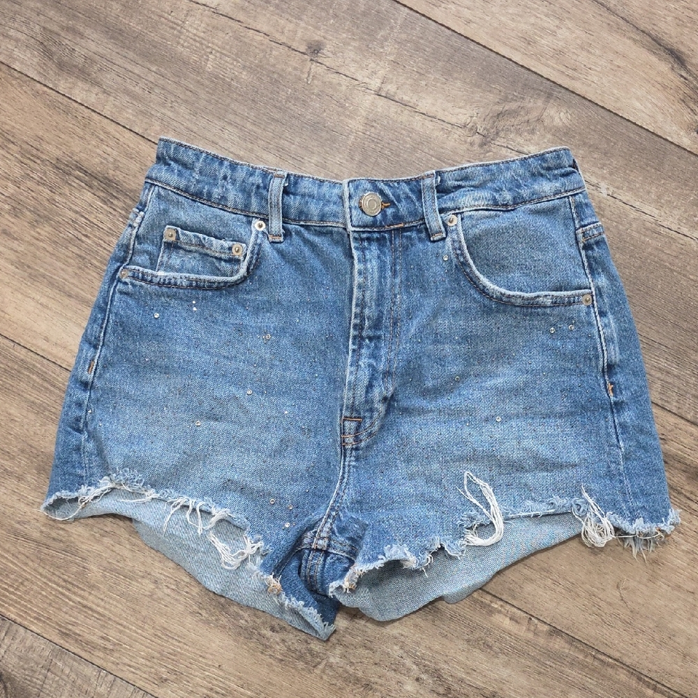 Zara Womens High Waisted Rhinestone Denim Cut Off Shorts Bling Frayed
